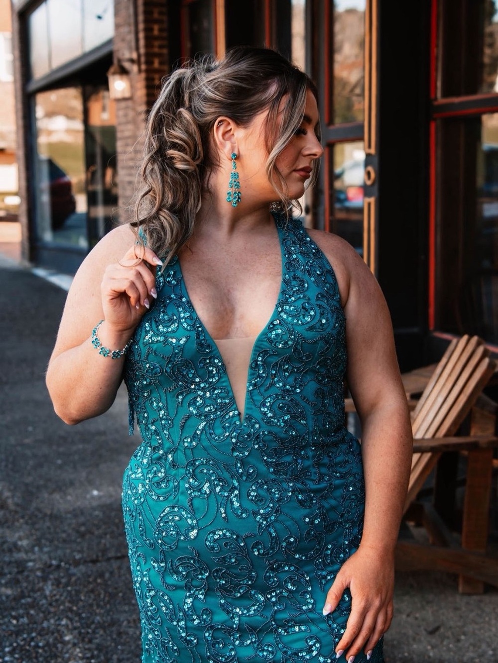 Plunging Teal Beaded homecoming Dress - Plus Size